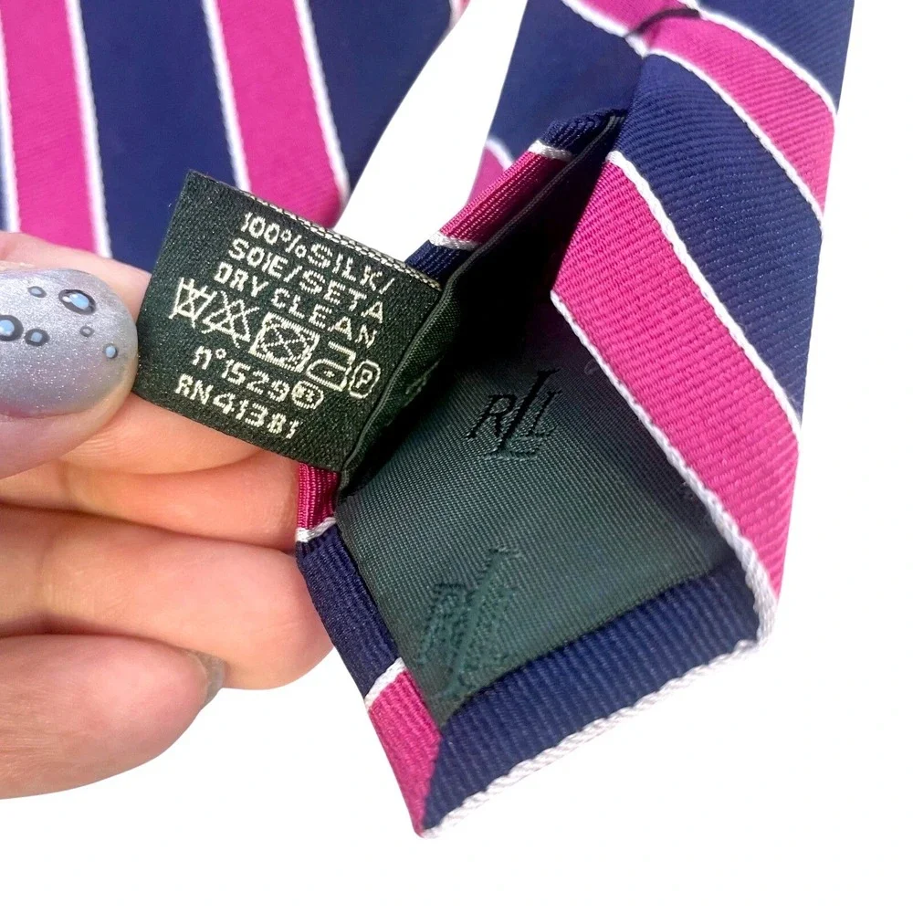 Lauren Ralph Lauren Silk‎ Repp Tie Stripe Navy Pink White Hand Made - Picture 13 of 16